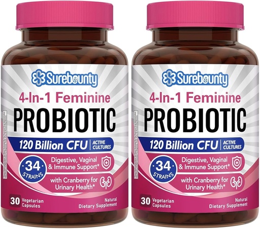 [BRSRAEIHBAHBUDIZ] Probiootit naisille, 120 miljardia PMY 34 kanta, prebiootit, digestiiviset entsyymit, karpalo, 4-in-1 Feminiini Probiootti, digestiivinen, emätin, Immuunituki, 60ct (Pack of 2)