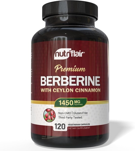 [BRSWGBIBCICRAFA3] NutriFlair Berberine with Ceylon Cinnamon 1450mg Supplement – 120 Capsules | High Potency Formula with Berberine HCl & Organic Ceylon Cinnamon | Non-GMO, Vegan, Gluten-Free
