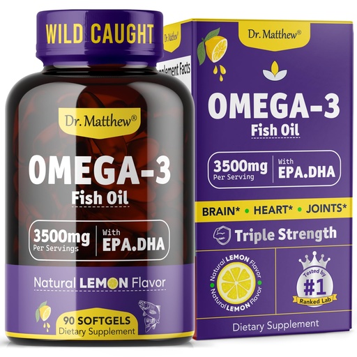 [BRSWYBT6C4CQODQ2] Omega-3 Fish Oil, 3500 mg, High EPA & DHA – No Fishy Taste, Easy to Swallow, Burpless, Natural Lemon – Supports Heart, Brain & Joint Health – 90 Softgels – Wild Caught.