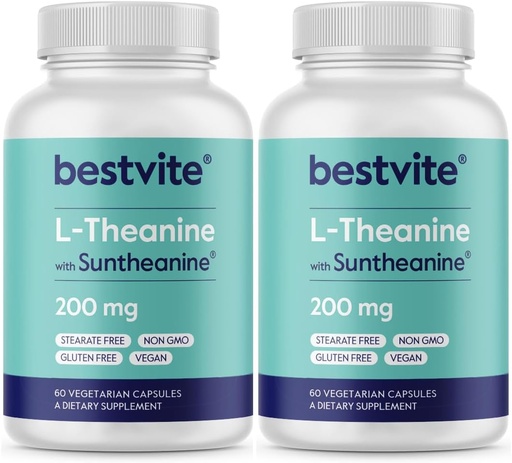 [BRSWGEIQBYCAMA3G] BESTVITE 双强 Suntheanine L-Theanine 200mg – 专利和临床研究 – 120 蔬菜卡普尔(2x60) – 维冈 – 无刺 – 非转基因 – Gluten Free – 放松支持
