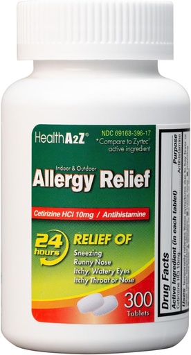 [BRSROYIHAEMREA35] HealthA2Z® Allergy Relief | Cetirizine 10mg | All Day Allergy Relief | Indoor & Outdoor | Relief från Itchy Throat, Sneezing, Runny Noses (300 greve av 1)