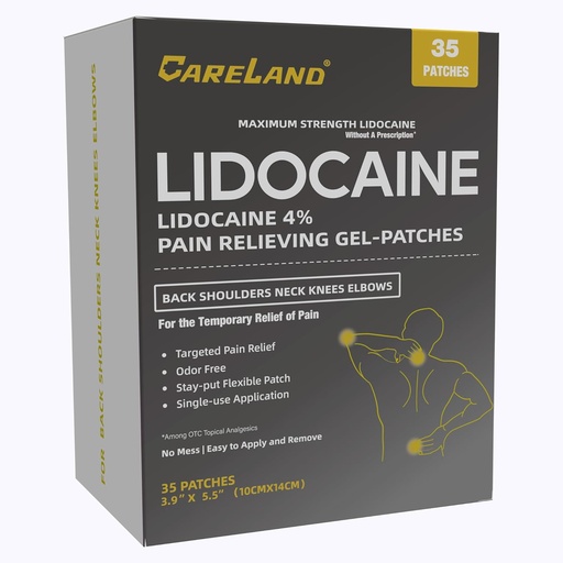 [BRSROHQRBUBAK3Y7] CARELAND 4% Lidocaine Gel Patch, 35 Count Maximum Strength Pain Patches for Muscle Relief in Neck Knee Back and Shoulders Unscented Numbing Patch for Soothing Nerves, Joints