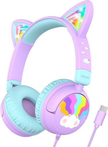 [BRSRAZD3DEFRACL5] iClever Kids Headphones USB C, LED Light Up, 85dBA Safe Volume, Stereo Sound Toddler Headphones for Travel School, Kids Headphone with Cord for iPad Tablets, Meow Lollipop-Purple