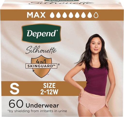 [BRSWYYIEOJYAIFLB] Depende Silhouette Adult Diapers, Incontinência e pós-parto Leak Bladder Roupa interior para mulheres, Absorvência máxima, Pequeno, rosa, 60 contagem (2 pacotes de 30), Embalagem Maio Vary