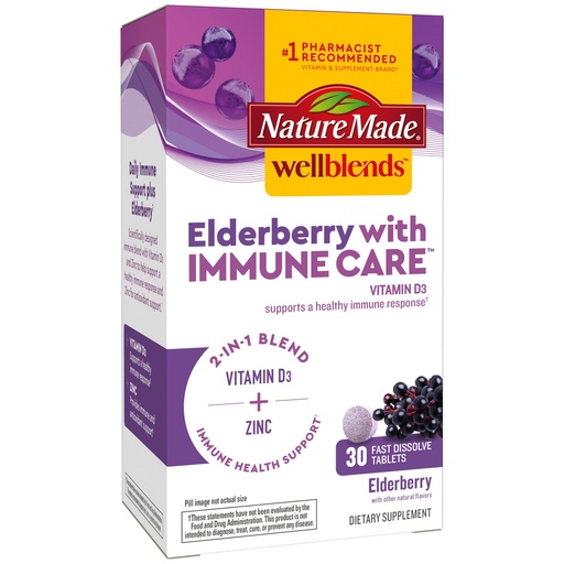 [BRSW2AI3PMDW2FIY] Nature Made Wellblends Elderberry with ImmuneCare, Vitamin D3 and Zinc, with Elderberry Flavor, 30 Fast Dissolve Tablets