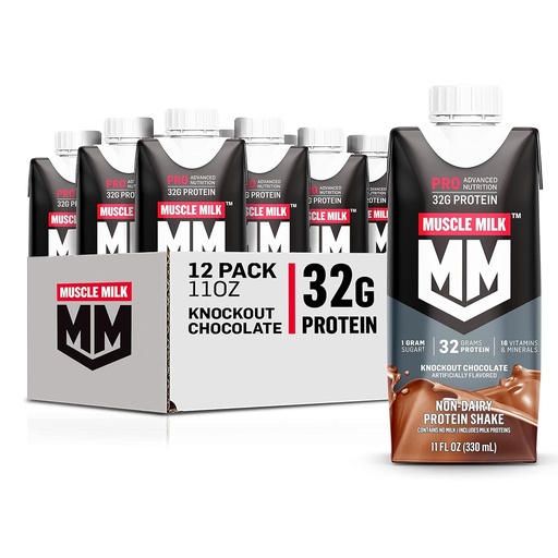 [BRSWECQTDJ6R6AAU] Muscle Milk Pro Advanced Nutrition Protein Shake, Knockout Chocolate, 11 Fl Oz Carton, 12 Pack, 32g Protein, 1g Sugar, 16 Vitamin & Minerals, 5g Fiber, Recout Workout, Packaging May Vary
