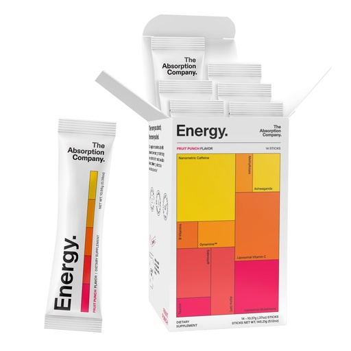[BRSRAHAOAQMAKAYV] The Absorption Company Energy Drink Powder Mix Packets – Clean Energy Booster to Support Alertness with 150mg Natural Caffeine & Vitamin C – Fruit Punch Flavor, 14 Sticks