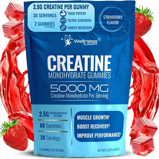 [BRSRAEIKO4NWACAY] Creatine Gummies 5000mg, 30 Servings Creatine Monohydrate Gummies - Cretina testada de terceros para Mujeres, Sabor de Fresa Creatina para Hombres, Crecimiento muscular, Fuerza y Recuperación - Pack de 1