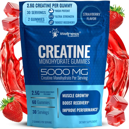 [BRSRAEIKO4NWACAY] WELLNESS LABSRX Creatine Gummies 5000mg, 30 Servings Creatine Monohydrate Gummies, Strawberry Flavor Creatine for Men - Pack of 2