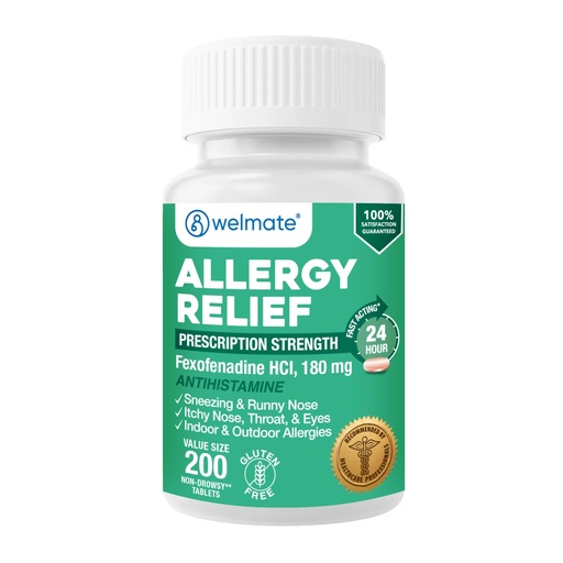 [BRSWYYY2PJ7QMDIU] WELMATE | Allergy Relief | Fexofenadine HCl 180 mg | 24 Hour Non-Drowsy Antihistamine | Sneezing | Runny Nose | Itchy Eyes, Nose & Throat | Indoor & Outdoor Allergy Relief Tablets | 200 Count