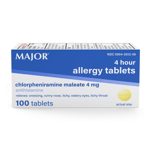 [BRSWKHD5AAMGKYLX] MAJOR 4 Mg Allergy Tablets - Chlorpheniramine Maleate 4-Hour Allergy Medicine - Antihistamine for Relief of Sneezing, Itchy Watery Eyes, Itchy Throat, and Runny Nose - 100 Count (1 Pack)