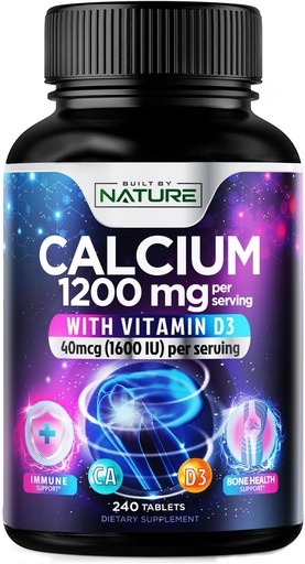 [BRSRAZQRCB5RGELH] Calcium 1200mg with Vitamin D3 for Best Absorption - Advanced Bone Support Supplement, 1200 mg Calcium Carbonate & 1600 IU Vitamin D3, Slow Release for Immune Support, Easy to Swallow, 240 Tablets