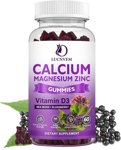 [BRSROHAODF4BECT3] Sugar Free Calcium Magnesium Zinc Gummies with Elderberry and Sea Moss, Calcium Magnesium 2:1, Magnesium Glycinate, Potassium and Vitamin D3 for Bones, Muscles, Calm Mood & Sleep Support, 60 Gummies