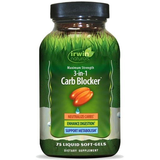 [BRSWIYQDB56RYEY5] Irwin Naturals 3-in-1 Carb Blocker Maximum Strength Metabolism Support | With White Kidney Bean + Chromium | Digestive Enzymes & Carbohydrate Support | 75 Liquid Soft-Gels