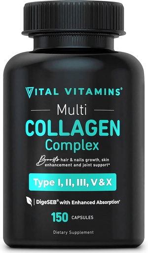 [BRSWGBITCUIWOFI4] Vital Vitamins Multi Collagen for Women & Men - Type I, II, III, V, X - Grass Fed, Non-GMO - 150 Capsules
