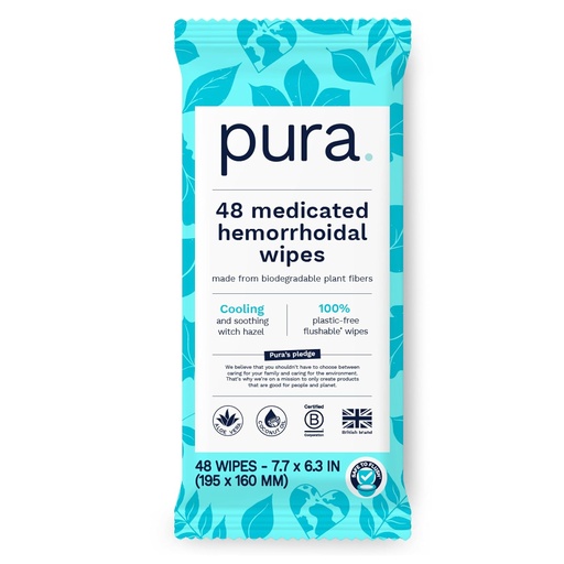 [BRSROBAFBANBY23H] Pura Flushable Hemorrhoid Wipes XL, 48 Count, Medicated med Cooling Witch Hazel, Aloe & Coconut Oil, Fast Relief, Fragrance-Free, 100% plastfri