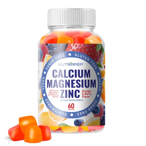 [BRSRAFTQPJ7GE2A7] NutraPep Calcium Magnesium Zinc Supplement Gummies - with Vitamin D3 K2 Magnesium Glycinate - Orange Berry Flavored Vegan Sugar-Free Gluten Free Chewable for Men Women Kids