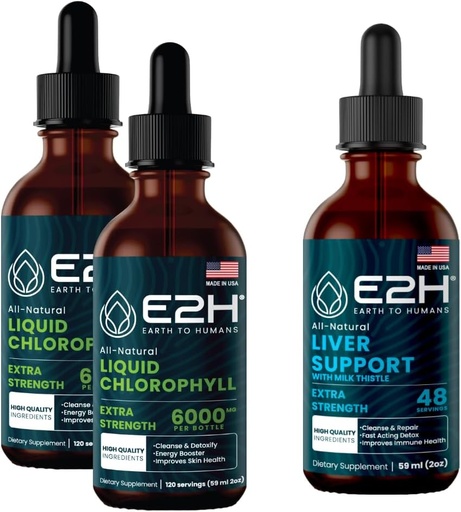 [BRSROHQLC4CQE236] E2H: Chlorophyll Liquid Drops (2 Pack - 4 Fl Oz) und Liver Support Supplement (Single Bottle - 2 Fl Oz) | Vegan, Non-GMO - (6 Fl Oz Total) - Bundle
