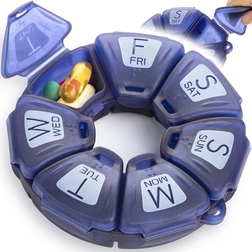 [BRSRMFL6DIAR63I4] Round Weekly Pill Organizer, TPU Rubberized, Travel Pill Container 7 Day, with 7 Large Compartments, Great for Daily Vitamins & Supplements, Cute Pill Case with Large Letters and Braille (Blue)