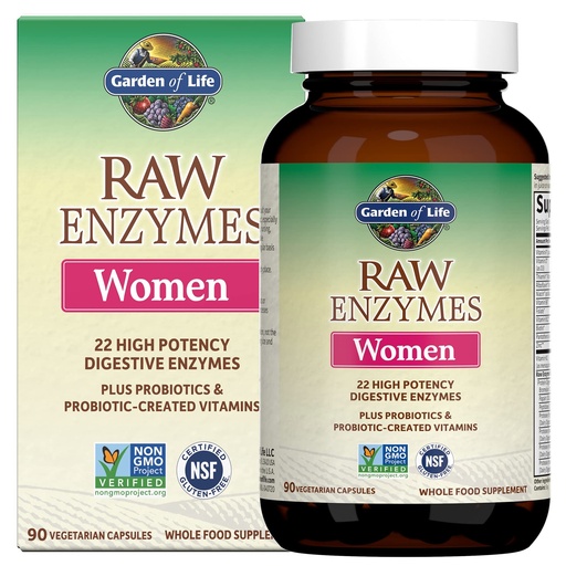 [BRSWIZQBOEIBKCTG] Garden of Life 22 Powerful Raw Enzymes for Women with Papain, Bromelain, Lactase plus Probiotics and Vitamins B12, Biotin and Zinc, Dietary Supplement with Digestive Enzymes, Vegetarian, 90 Capsules