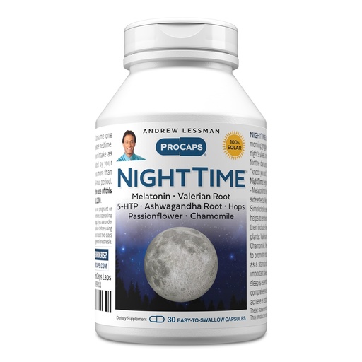 [BRSW2H3QBNYGKYLG] ANDREW LESSMAN Night Time 30 Capsules - 3mg Melatonin, Valerian, Ashwagandha, Passionflower, Hops, Chamomile. No Morning Grogginess. Natural Support, Gentle Restful Sleep. Easy to Swallow Capsules