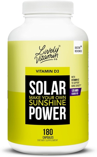 [BRSW2GL5CN4B6FY6] LIVELY VITAMIN CO. Solar Power Vitamin D3 5000 iu - Patented Vitamin K - MK7 - Immune Balance - Brain Function - Mood - Heart - Stress - 180 Count