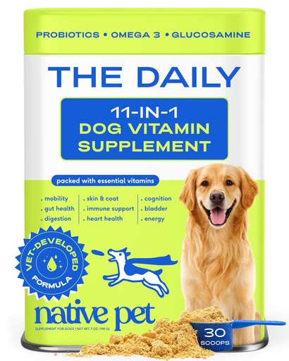 [BRSROGQ5DF7RUGTB] Native Pet The Daily Dog Vitamins & Supplements - 11-in-1 Multivitamin Powder for Dogs - Supports Whole Body Health, Digestion, Mobility & Immunity with Collagen, Glucosamine & Probiotics – 30 Scoops