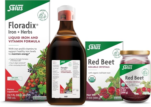 [BRSRAHA7OV6BGD3X] Floradix Iron & Herbes (23,7 oz) & Salus Red Beet Crystals (7 oz) - Supplément en fer pour un soutien énergétique sain* et mélange de racines de betteraves alimentaires biologiques