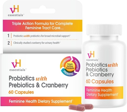 [BRSWIGQ2BYNGCFT4] VH Essentials Probióticos para Mujeres con Prebióticos, Arándano &amp; Vitamina C - 60 cápsulas (30 días de suministro) - Probióticos para Mujeres Apoyo Gut Balance, Salud Femenina & Salud de la Urinary Tract Health for Women
