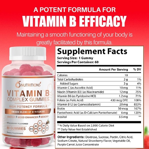 [BRSWYEAHOINA4DQ7] O NUTRITIONS Vitamin B Complex Vegan Gummies with Vitamin B12, B7 as Biotin, B6, B6, B8, B9 as Folate for Stress, Enerji ve Sağlıklı Immune System (1 Pack)