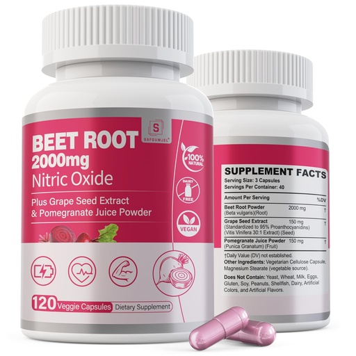 [BRSRAYY7OUOQYEQ4] Beet Root Capsules 2000mg Nitric Oxide Supplements w/ Grape Seed Extract, Pomegranate Extract Supports Circulation & Blood Flow, Energy for Men/Women, Organic Beetroot Powder, Non GMO, 240 Counts