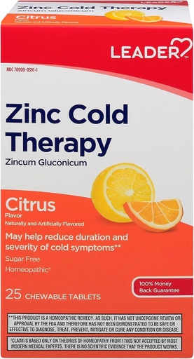 [BRSWYAIHBYBWY2TZ] LEADER Zink kold terapi tyggetabletter, non-drowsy homøopatisk zink supplement, reducerer varighed og sværhedsgrad af kolde symptomer, hurtig fungerende kold remey, Citrus flavor, sukker fri, 25 Greve