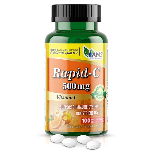 [BRSWYGQCCENWAELD] America Medic & Science Rapid-C 500mg Vitamin C Supplement (1 Pack of 100 Tablets) Energy Booster, Daily Immune System Support, Antioxidant | Vegan, Non-GMO Coated Ascorbic Acid for Adult Men & Women