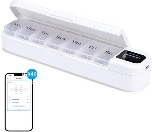[BRSROZA6DN5RQGTZ] Odaro Smart Weekly Pill Korraldaja Alarm - Bluetooth Pill Dispenser 7 päeva, Vitamiinid Pill Box meeldetuletus eakatele (valge)