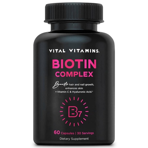 [BRSROAIPAQCBSE33] Vital Vitamins Biotin Complex Pills - with Hyaluronic Acid, MSM, Collagen, & Vitamin C - Supplement for Hair, Skin, & Nails - 60 Capsules