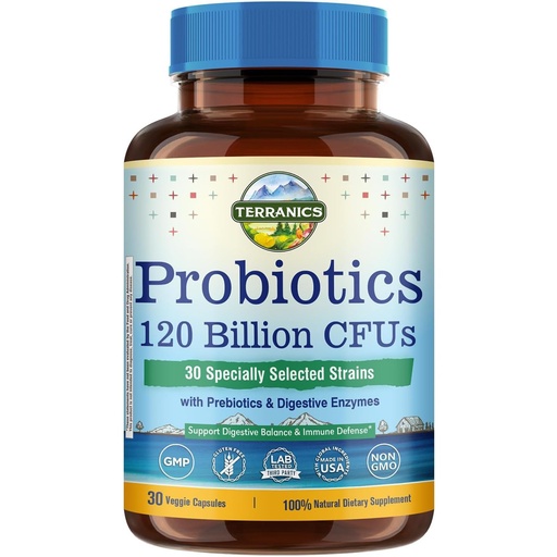 [BRSW2CQODN4GECY6] Terranics Probiotics 120 Billion with Prebiotics & Digestive Enzymes, 30 Tested Strains, Complete Digestion & Immune Support, Non-GMO, NO Soy, Dairy & Gluten, for Men and Women, 30 Veggie Capsules