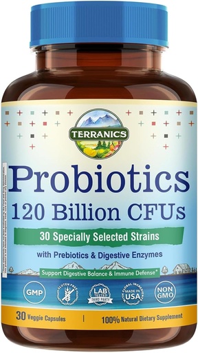 [BRSW2CQODN4GECY6] Terranics Probiotics 120 Billion with Prebiotics & Digestive Enzymes, 30 Tested Strains, Complete Digestion & Immune Support, Non-GMO, NO Soy, Dairy & Gluten, for Men and Women, 30 Veggie Capsules