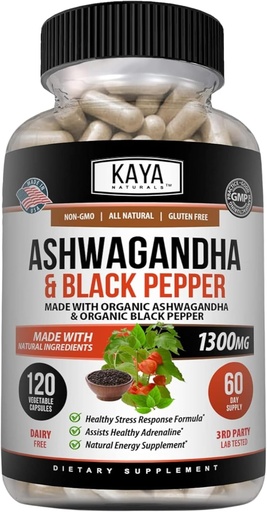 [BRSWYYADOQIGMET6] Kaya Naturals Ashwagandha 1300mg, 120 Count Capsules for Stress Relief, Adrenal, Mood & Thyroid Support, Black Pepper and 100% Pure Ashwagandha -120 Capsules
