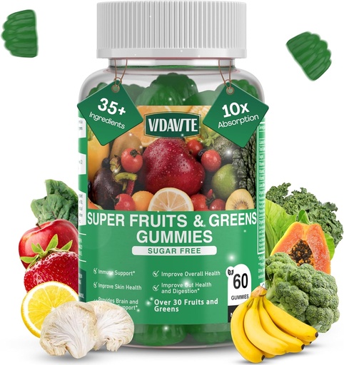 [BRSW2AQ2CFYWEHLU] Sugar-free Super Greens Gummies — US-Made, 35+ Fruit and Veggie gummies to Boost Immunity, Skin & Gut Health — Ideal Fruits and Vegetables Supplement for Adults & Picky Teens (30-Days Supply)