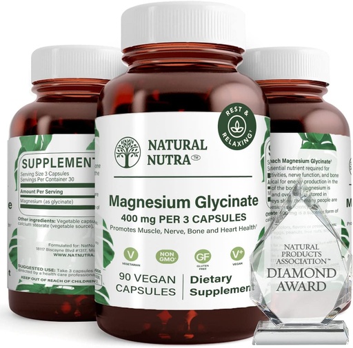 [BRSWGEAEA4BB63I7] Natural Nutra Magnesium Glycinate 400 mg συμπλήρωμα, προάγει την καρδιαγγειακή υγεία, Vegan, βοηθά στη βελτίωση της υγείας των οστών, χωρίς σόγια, 90 κάψουλες