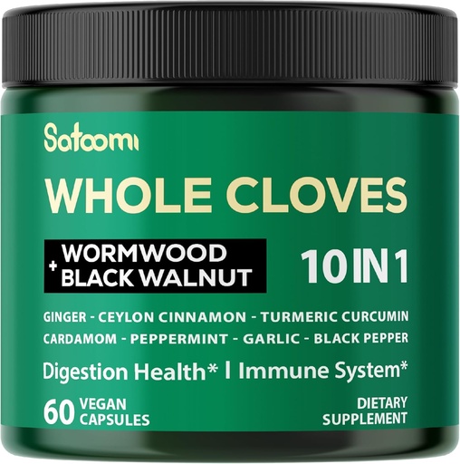 [BRSRAA3YOYBWMG32] Satoomi 10in1 Suplemento de amor rico en vitaminas e minerais para Digestive, sistema inmunitario, ósos e saúde cardíaca con Wormwood, Black Walnut, Cinnamon, Turmeric, Ginger, Cardamom - 60 cápsulas