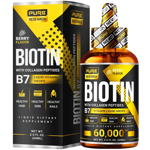 [BRSWGFADCJ5GMG3K] PURE RESEARCH Liquid Biotin & Collagen Hair Growth Drops 60,000mcg – Biotin and Liquid Collagen Supplements for Women & Men – Supports Glowing Skin, Healthy Hair & Nail Growth (2Fl Oz)