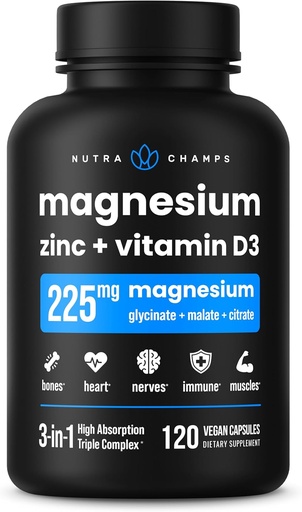 [BRSWYFIPARYBGYL5] NutraChamps Magnesium Zink & Vitamin D3 Supplement - De fleste biotilgængelige former; Magnesium Glycinat, Malat, Citrate - Knogler, Muskel & Hjerte, immunforsvar - 120 Veganske kapsler