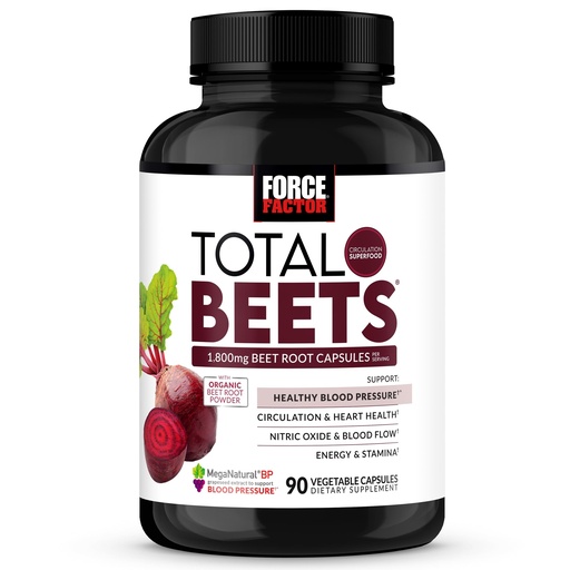 [BRSRAGAEBB7GC3D2] Force Factor Total Beets Blood Pressure Support Beet Root Capsules, 1800mg Organic Beet Root Powder Beet Supplement with Hawthorn Berry to Support Circulation and Blood Flow, 90 Vegetable Capsules