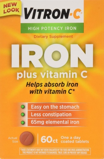 [BRSWIZQFC54QI3A3] VITRON-C High Potency Iron Plus Vitamin C Tablets - 60 Ea - 3 pack
