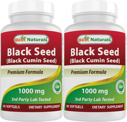 [BRSRMFAOO4OQOFD7] Bedste Naturals 2 Pakker Black Seed Oil Capsules 1000 mg (non-GMO) Nigella Sativa - 100% Cold Pressed Black Cumin Seed Oil Pills Indeholder Thymoquinonoe 60 Greve (Total 120 Softgels)