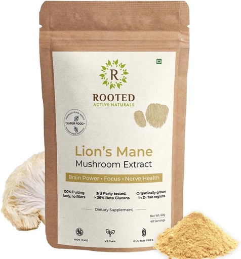 [BRSWYH37OBYQO332] ROOTED Active's, Lions Mane Mushroom Extract Powder (Certified Organic, 38% Verified Beta Glucans| Cognition, Clarity, Focus & Mood, Brain Health Support (2.11 Ounce)