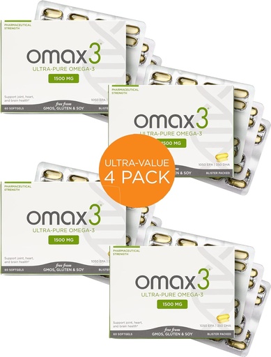 [BRSWKZT2CZ4BK3LO] Omax3 Ultra-Pure Omega-3 Fish Oil Pills ) High Concentration EPA DHA,1500 MG, Gluten Free, Non-GMO, Made in USA, 240 Softgels Blister Packs (4 Boxes)