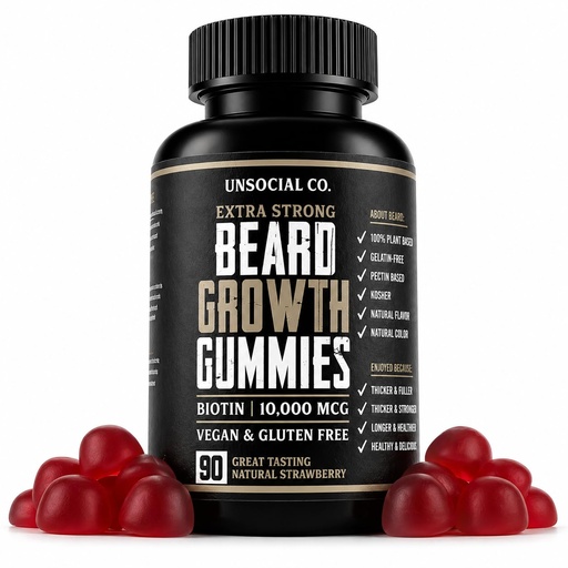 [BRSROZDYOV7Q4HLU] Beard Growth Gummies 90 ct | 10,000mcg Biotin | Vitamin B7 | Vegan, Kosher & Gluten Free | Natural Strawberry Flavor