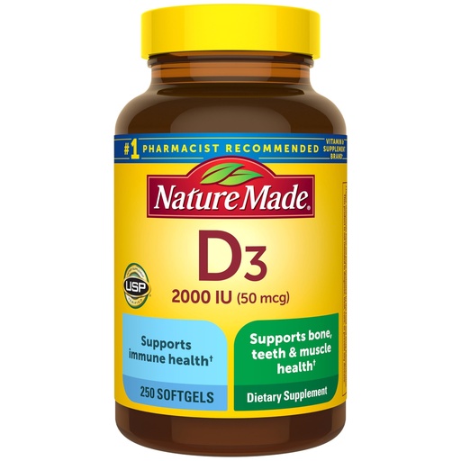 [BRSWIZQOBEIAAHYV] Nature Made Vitamin D3 2000 IU (50 mcg), Vitamin D Supplement for Bone, Teeth, Muscle and Immune Health Support, 250 Softgels, 250 Day Supply